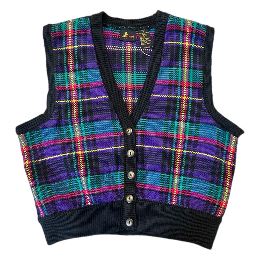 Vintage Liz Sport Petite button-down cotton sweater vest  jewel-tone tartan PS